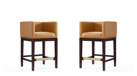 Manhattan Comfort Kingsley Mid-Century Modern Wood Upholstered Counter Stool in Camel - Set of 2