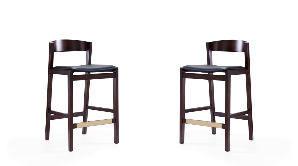 Manhattan Comfort Klismos Mid-Century Modern Wood Upholstered Counter Stool in Black - Set of 2