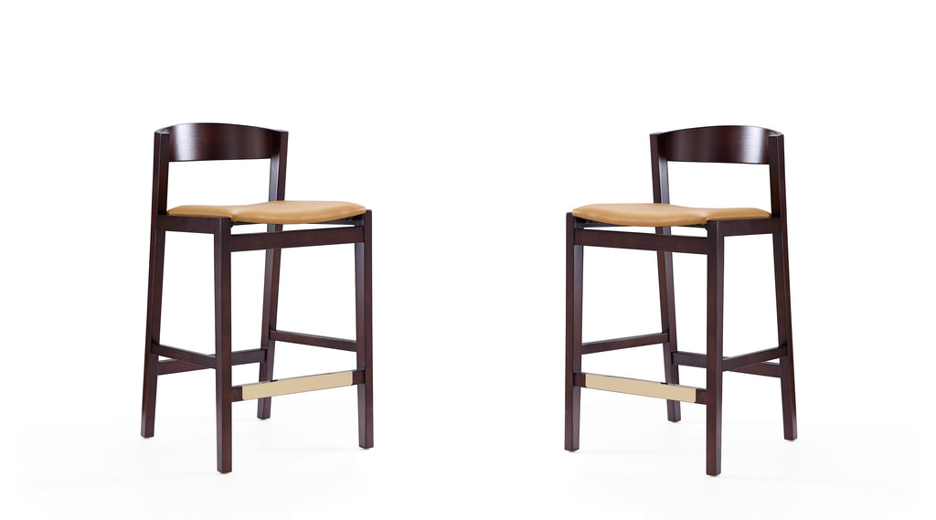 Manhattan Comfort Klismos Mid-Century Modern Wood Upholstered Counter Stool in Camel - Set of 2
