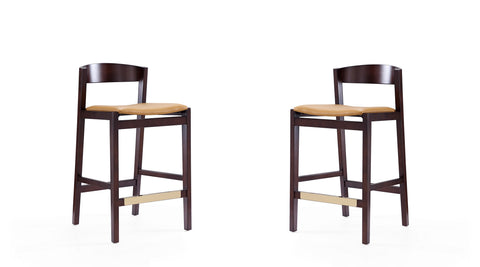 Manhattan Comfort Klismos Mid-Century Modern Wood Upholstered Counter Stool in Camel - Set of 2