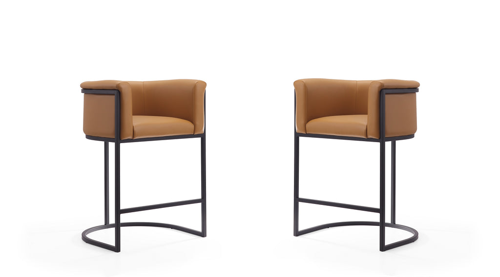 Manhattan Comfort Cosmopolitan Mid-Century Modern Metal Upholstered Counter Stool in Camel - Set of 2