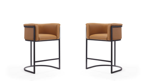 Manhattan Comfort Cosmopolitan Mid-Century Modern Metal Upholstered Counter Stool in Camel - Set of 2