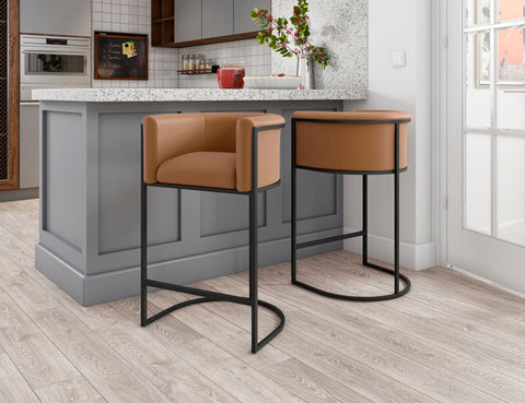 Manhattan Comfort Cosmopolitan Mid-Century Modern Metal Upholstered Counter Stool in Camel - Set of 2