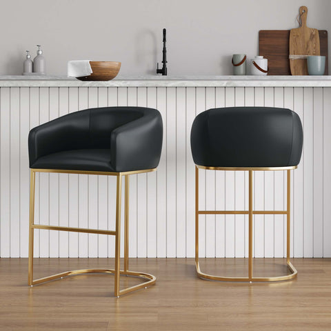 Manhattan Comfort Louvre Mid-Century Modern Metal Upholstered Counter Stool in Black - Set of 2