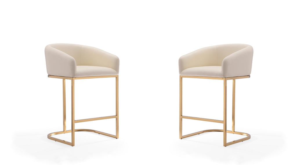 Manhattan Comfort Louvre Mid-Century Modern Metal Upholstered Counter Stool in Cream - Set of 2