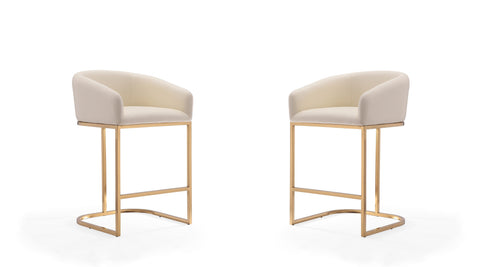 Manhattan Comfort Louvre Mid-Century Modern Metal Upholstered Counter Stool in Cream - Set of 2