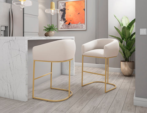 Manhattan Comfort Louvre Mid-Century Modern Metal Upholstered Counter Stool in Cream - Set of 2