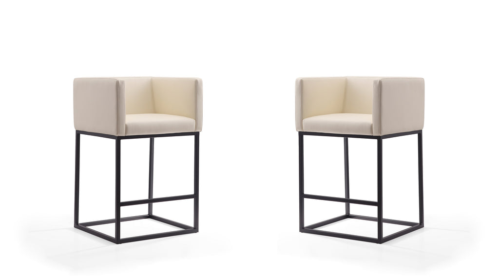 Manhattan Comfort Embassy Mid-Century Modern Metal Upholstered Counter Stool in Cream - Set of 2