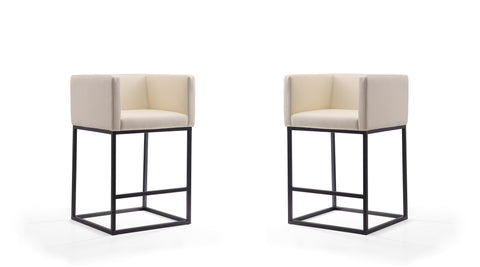 Manhattan Comfort Embassy Mid-Century Modern Metal Upholstered Counter Stool in Cream - Set of 2