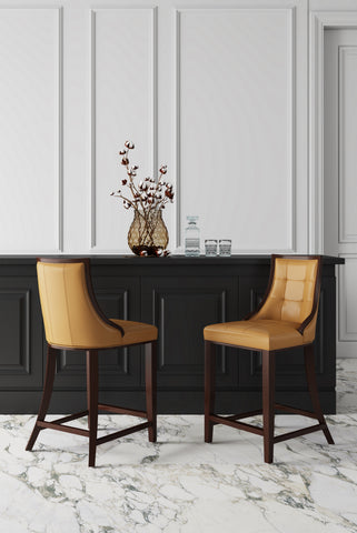 Manhattan Comfort Fifth Avenue Traditional Wood Upholstered Counter Stool in Camel - Set of 2
