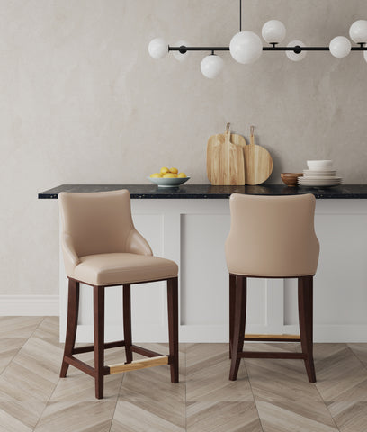 Manhattan Comfort Shubert Modern Wood Upholstered Counter Stool in Tan - Set of 2