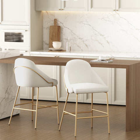 Manhattan Comfort Gracie Modern Metal Upholstered Counter Stool in White and Gold - Set of 2