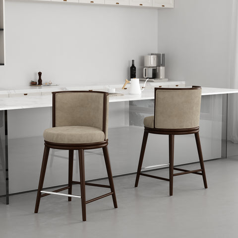 Manhattan Comfort Evalyn Modern Wood Upholstered Counter Stool in Natural - Set of 2