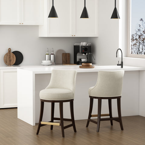 Manhattan Comfort Lucia Modern Chenille Wood Counter Stool in Natural - Set of 2
