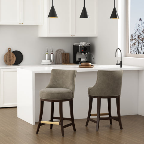 Manhattan Comfort Lucia Modern Chenille Wood Counter Stool in Taupe - Set of 2