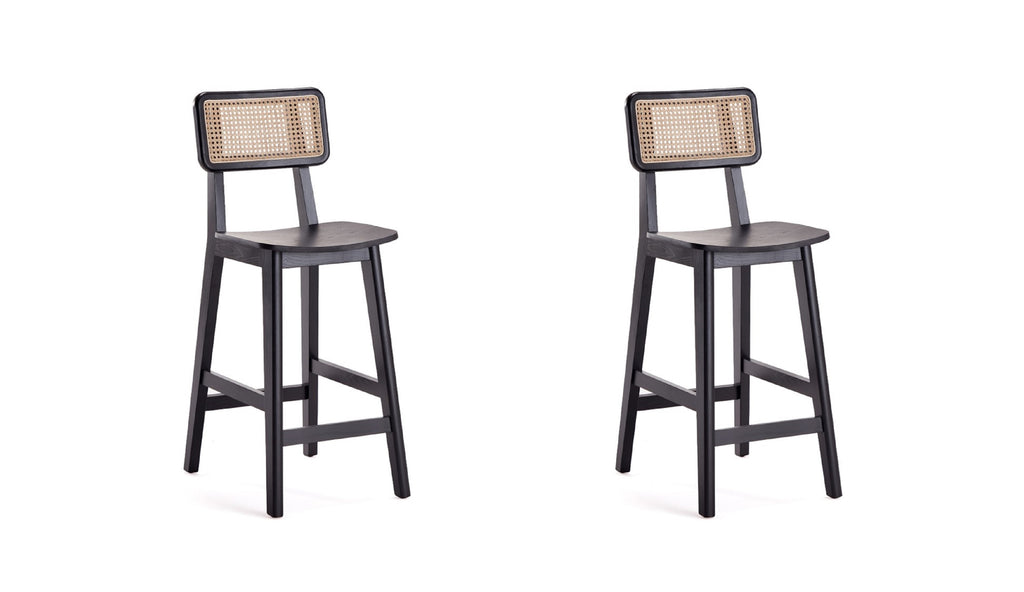 Manhattan Comfort Versailles Industry Chic Cane Back Wood Counter Stool in Black and Natural - Set of 2