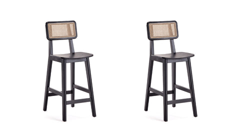 Manhattan Comfort Versailles Industry Chic Cane Back Wood Counter Stool in Black and Natural - Set of 2