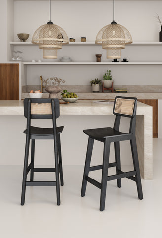 Manhattan Comfort Versailles Industry Chic Cane Back Wood Counter Stool in Black and Natural - Set of 2