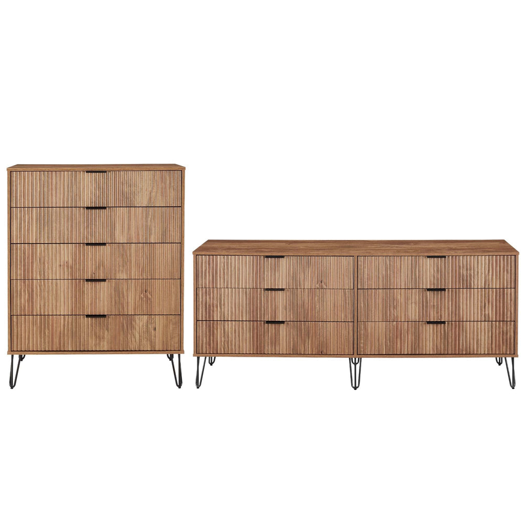 Manhattan Comfort2-Piece DUMBO Modern  5-Drawer Tall Dresser and DUMBO Modern 6-Drawer Double Low Dresser in Golden Brown