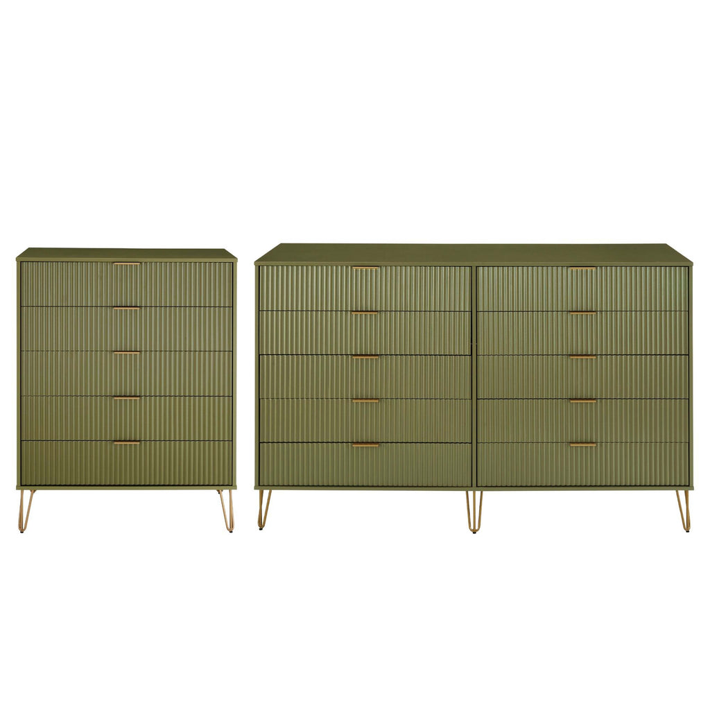 Manhattan Comfort2-Piece DUMBO Modern  5-Drawer Tall Dresser and DUMBO Modern 10-Drawer Double Tall Dresser in Olive Green