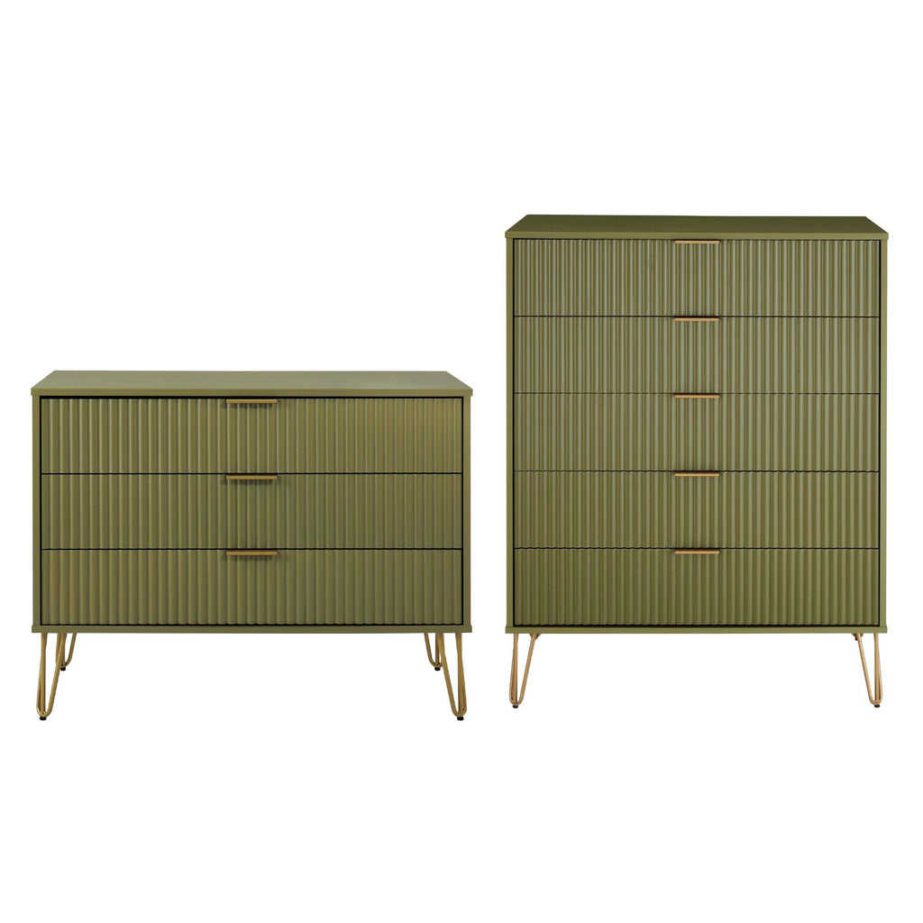 Manhattan Comfort2-Piece DUMBO Modern  5-Drawer Tall Dresser and DUMBO Modern 3-Drawer Standard Dresser in Olive Green