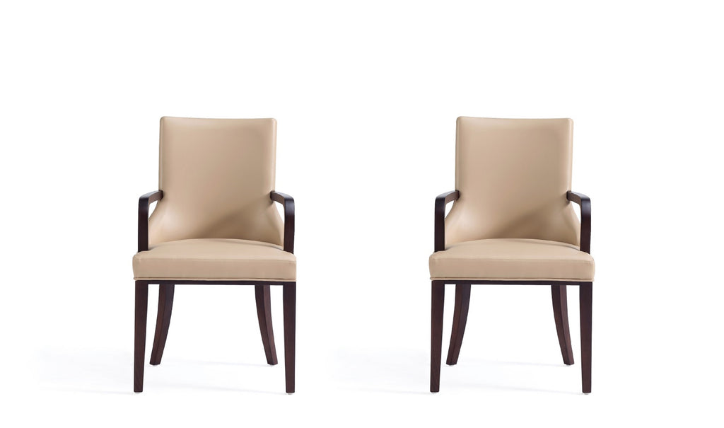 Manhattan Comfort Shubert Modern Vegan Leather and Velvet Wood Armchair in Tan - Set of 2