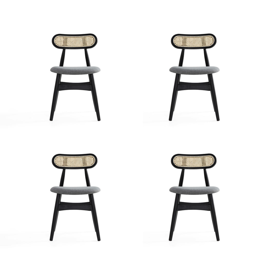 Manhattan Comfort Colbert Industry Chic Cane Back Wood Upholstered Dining Chair in Black and Gray - Set of 4