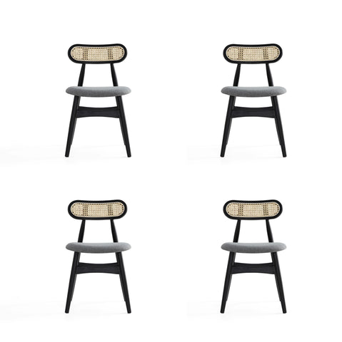 Manhattan Comfort Colbert Industry Chic Cane Back Wood Upholstered Dining Chair in Black and Gray - Set of 4