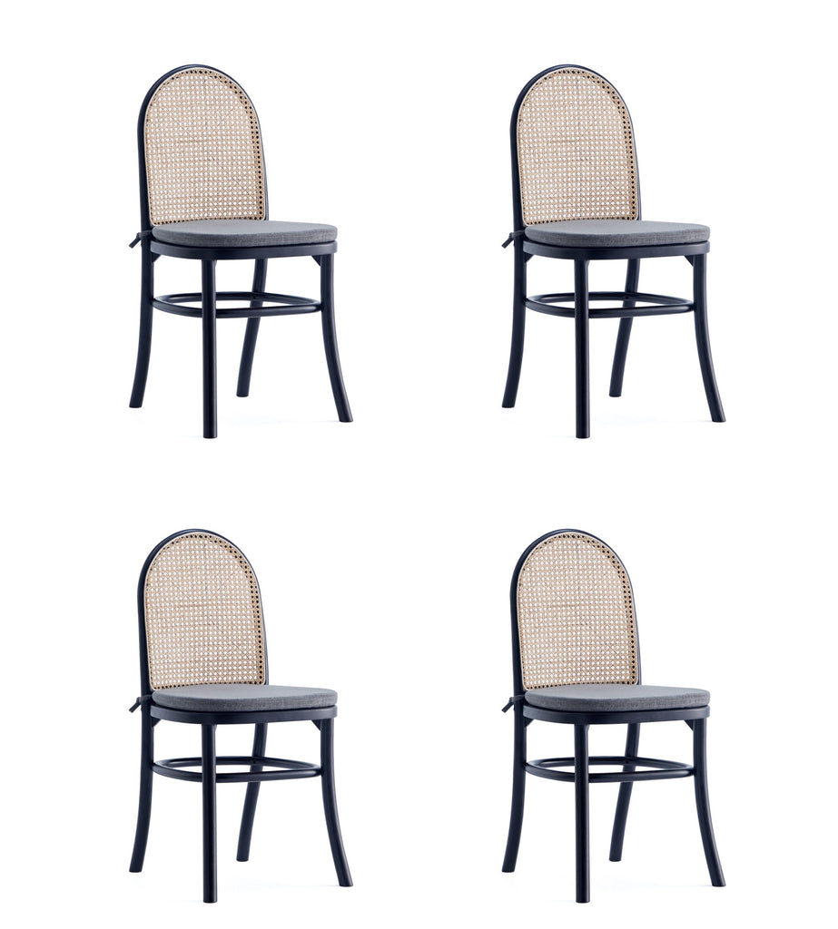 Manhattan Comfort Paragon Industry Chic Cane Back Wood Upholstered Dining Chair in Black and Gray - Set of 4