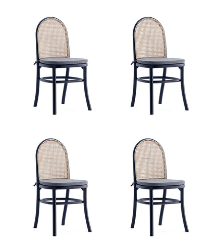 Manhattan Comfort Paragon Industry Chic Cane Back Wood Upholstered Dining Chair in Black and Gray - Set of 4