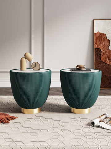 Manhattan Comfort Anderson Modern Sintered Stone Top Upholstered End Table in Green - Set of 2