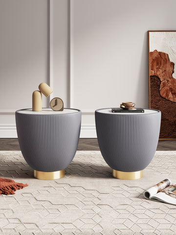Manhattan Comfort Anderson Modern Sintered Stone Top Upholstered End Table in Gray - Set of 2