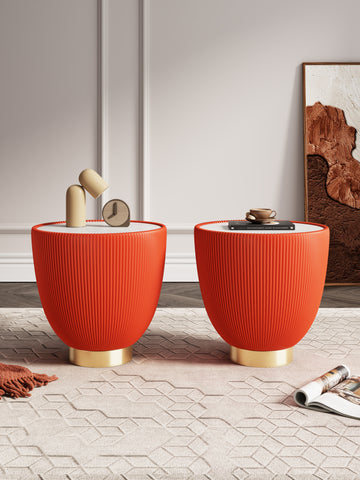 Manhattan Comfort Anderson Modern Sintered Stone Top Upholstered End Table in Orange - Set of 2