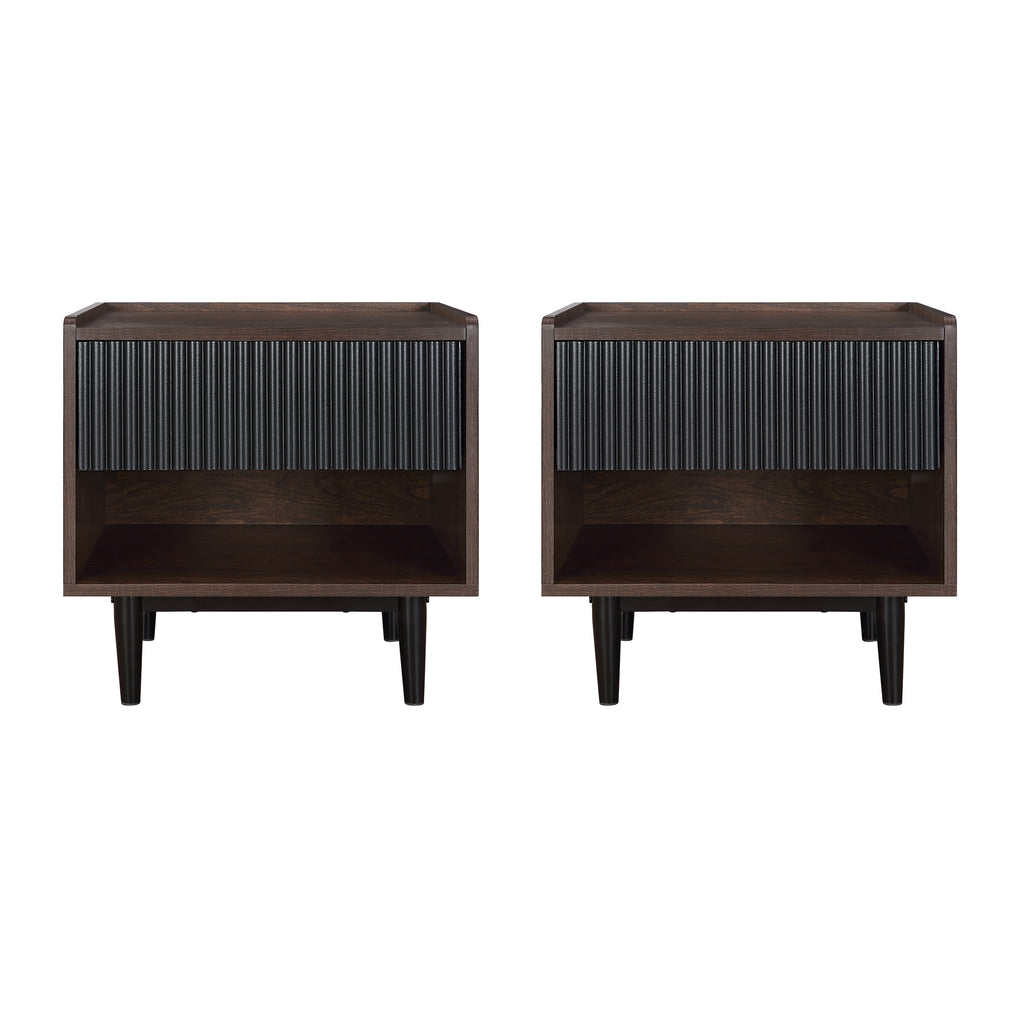 Manhattan Comfort Duane Mid-Century Modern 20" Fluted Nightstand in Black (1-Drawer) - Set of 2