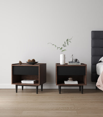 Manhattan Comfort Duane Mid-Century Modern 20" Fluted Nightstand in Black (1-Drawer) - Set of 2