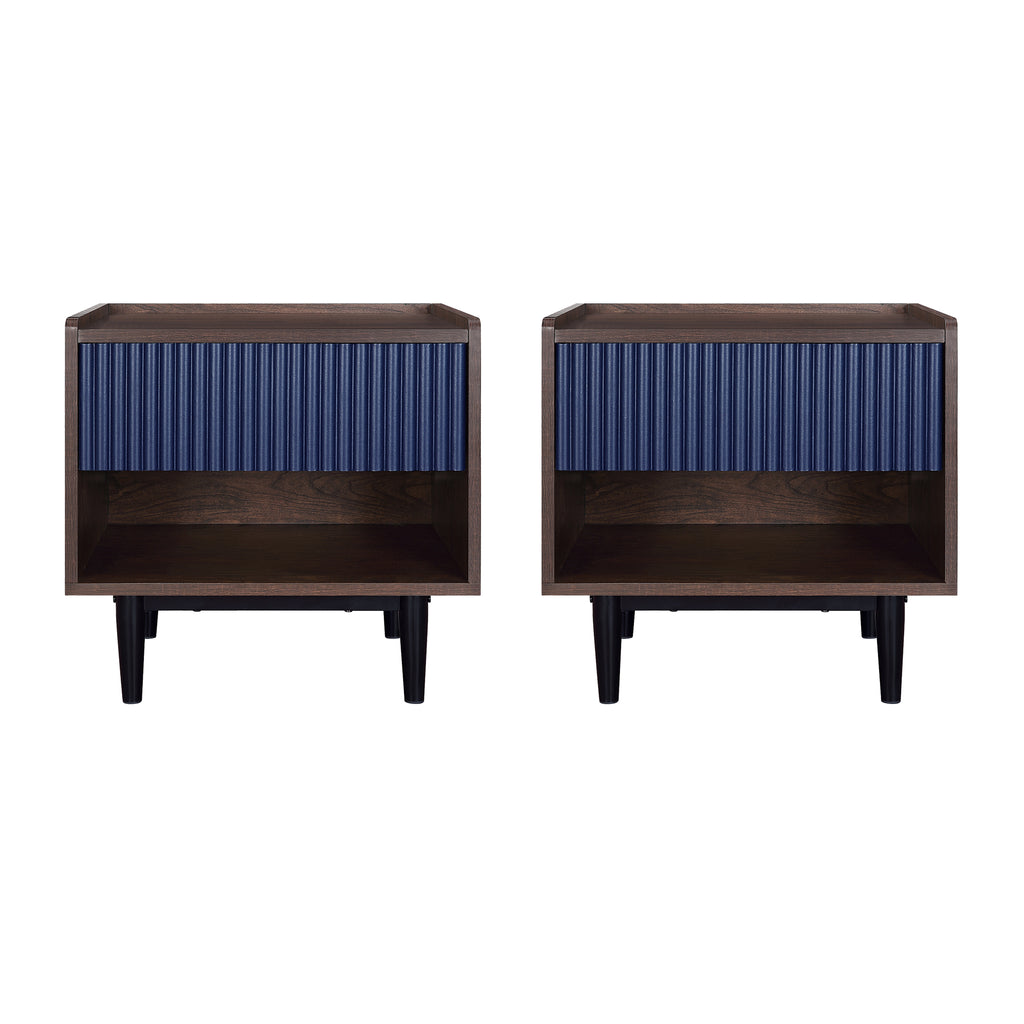 Manhattan Comfort Duane Mid-Century Modern 20" Fluted Nightstand in Navy Blue (1-Drawer) - Set of 2