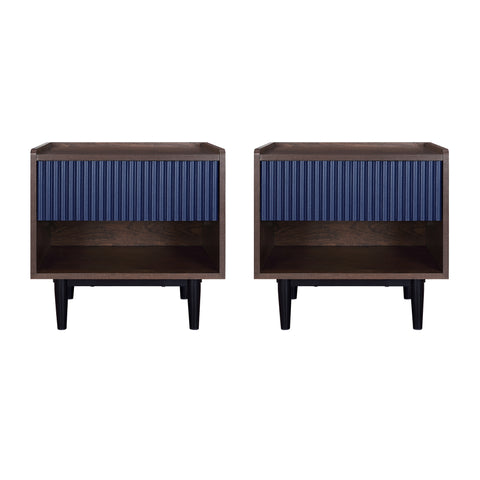 Manhattan Comfort Duane Mid-Century Modern 20" Fluted Nightstand in Navy Blue (1-Drawer) - Set of 2