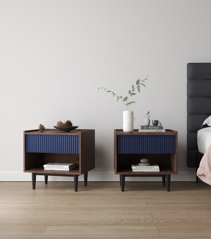 Manhattan Comfort Duane Mid-Century Modern 20" Fluted Nightstand in Navy Blue (1-Drawer) - Set of 2