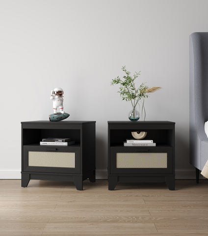Manhattan Comfort Sheridan Mid-Century Modern 22" Nightstand in Black (1-Drawer) - Set of 2
