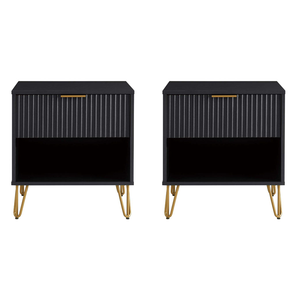 Manhattan Comfort Dumbo Modern 20" Fluted Nightstand in Black (1-Drawer) - Set of 2