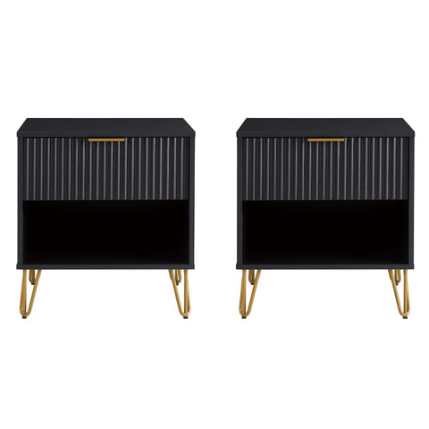 Manhattan Comfort Dumbo Modern 20" Fluted Nightstand in Black (1-Drawer) - Set of 2
