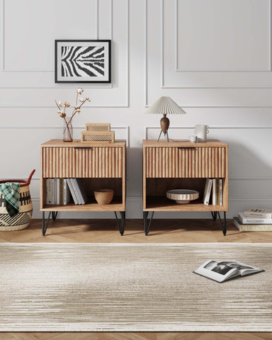 Manhattan Comfort Dumbo Modern 20" Fluted Nightstand in Golden Brown (1-Drawer) - Set of 2