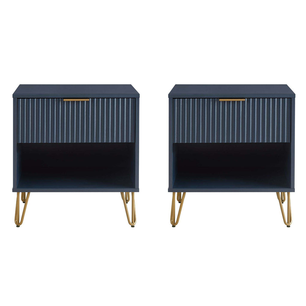 Manhattan Comfort Dumbo Modern 20" Fluted Nightstand in Midnight Blue (1-Drawer) - Set of 2