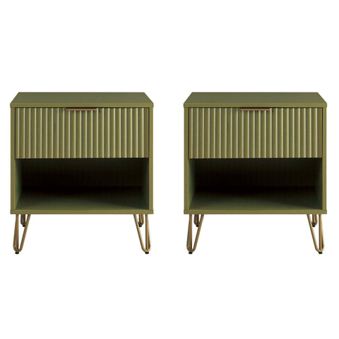 Manhattan Comfort Dumbo Modern 20" Fluted Nightstand in Olive Green (1-Drawer) - Set of 2