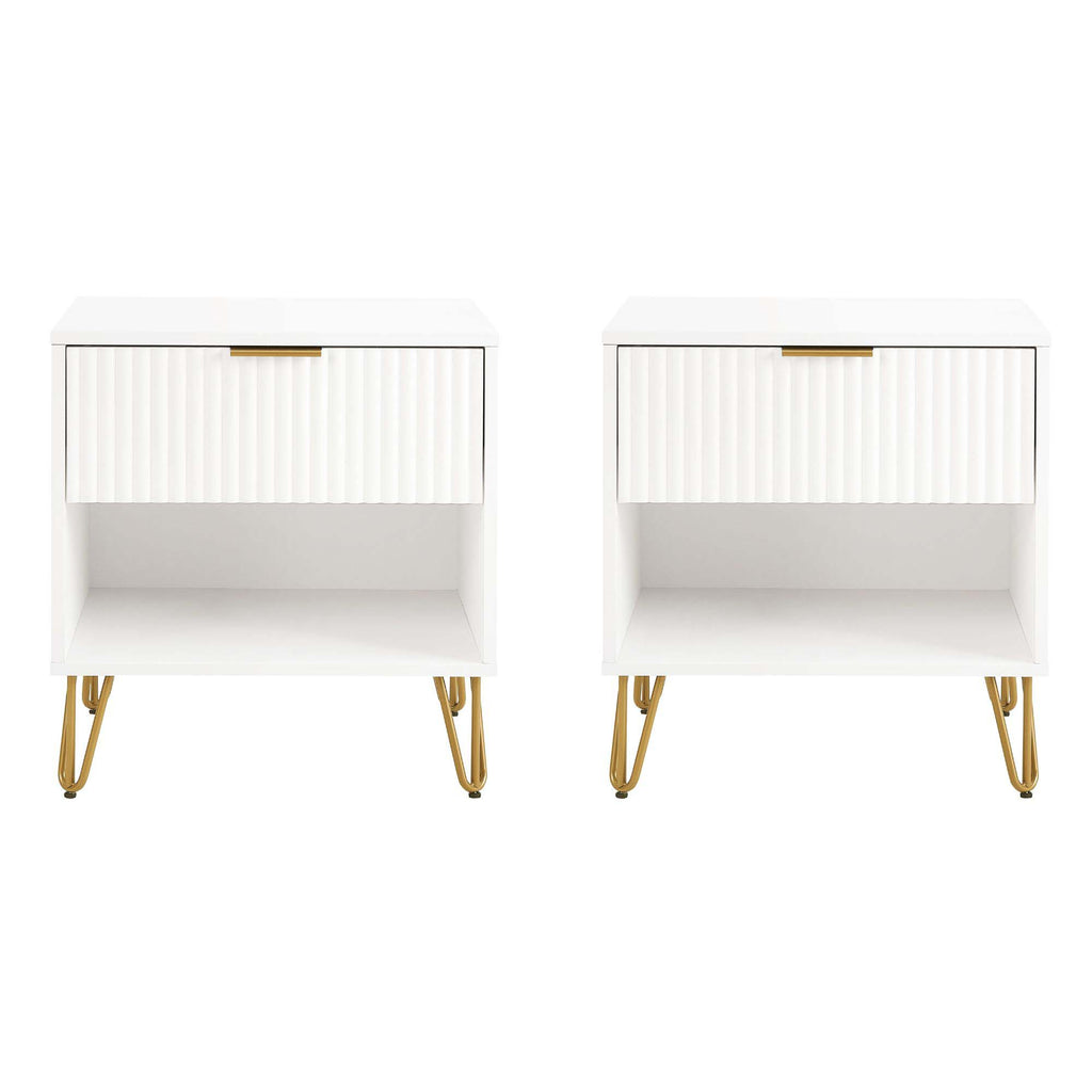 Manhattan Comfort Dumbo Modern 20" Fluted Nightstand in White (1-Drawer) - Set of 2