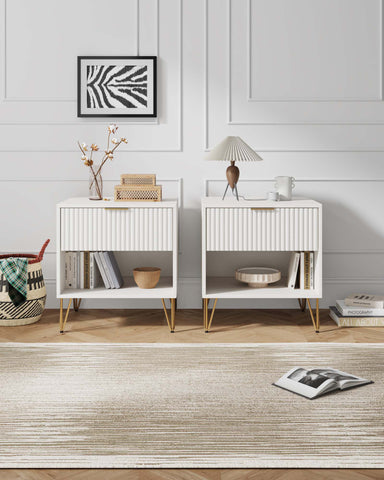 Manhattan Comfort Dumbo Modern 20" Fluted Nightstand in White (1-Drawer) - Set of 2