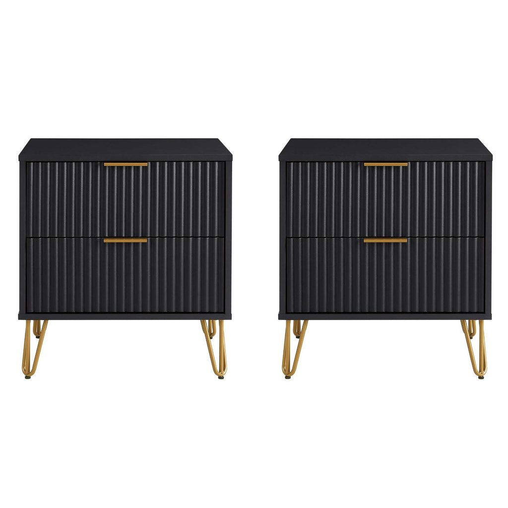 Manhattan Comfort Dumbo Modern 20" Fluted Nightstand in Black (2-Drawer) - Set of 2