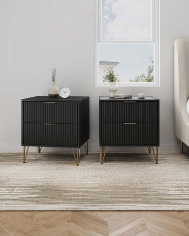Manhattan Comfort Dumbo Modern 20" Fluted Nightstand in Black (2-Drawer) - Set of 2