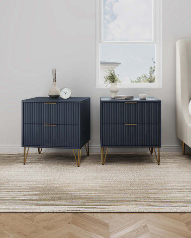 Manhattan Comfort Dumbo Modern 20" Fluted Nightstand in Midnight Blue (2-Drawer) - Set of 2