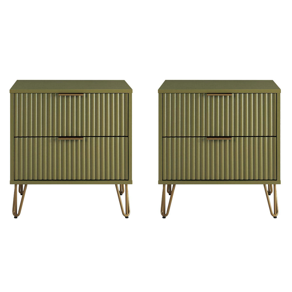 Manhattan Comfort Dumbo Modern 20" Fluted Nightstand in Olive Green (2-Drawer) - Set of 2